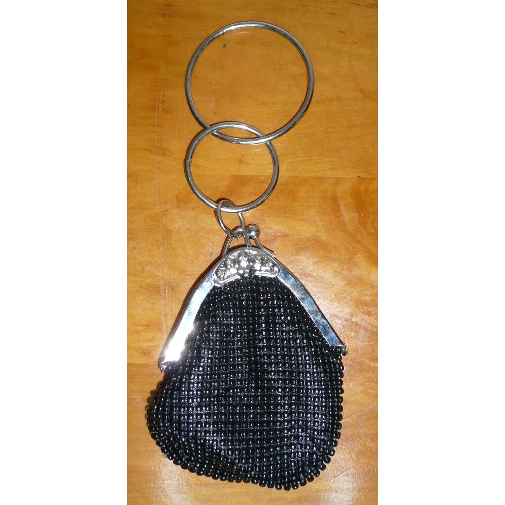 Vintage Black Beaded Evening Bag Kiss Clasp Metal Ring Handle by JN's Small